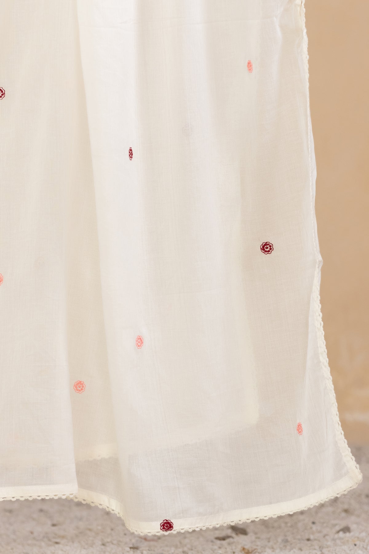 Cream Fabric Mall Cotton Kurti Plazo Dupatta 3Pcs Set