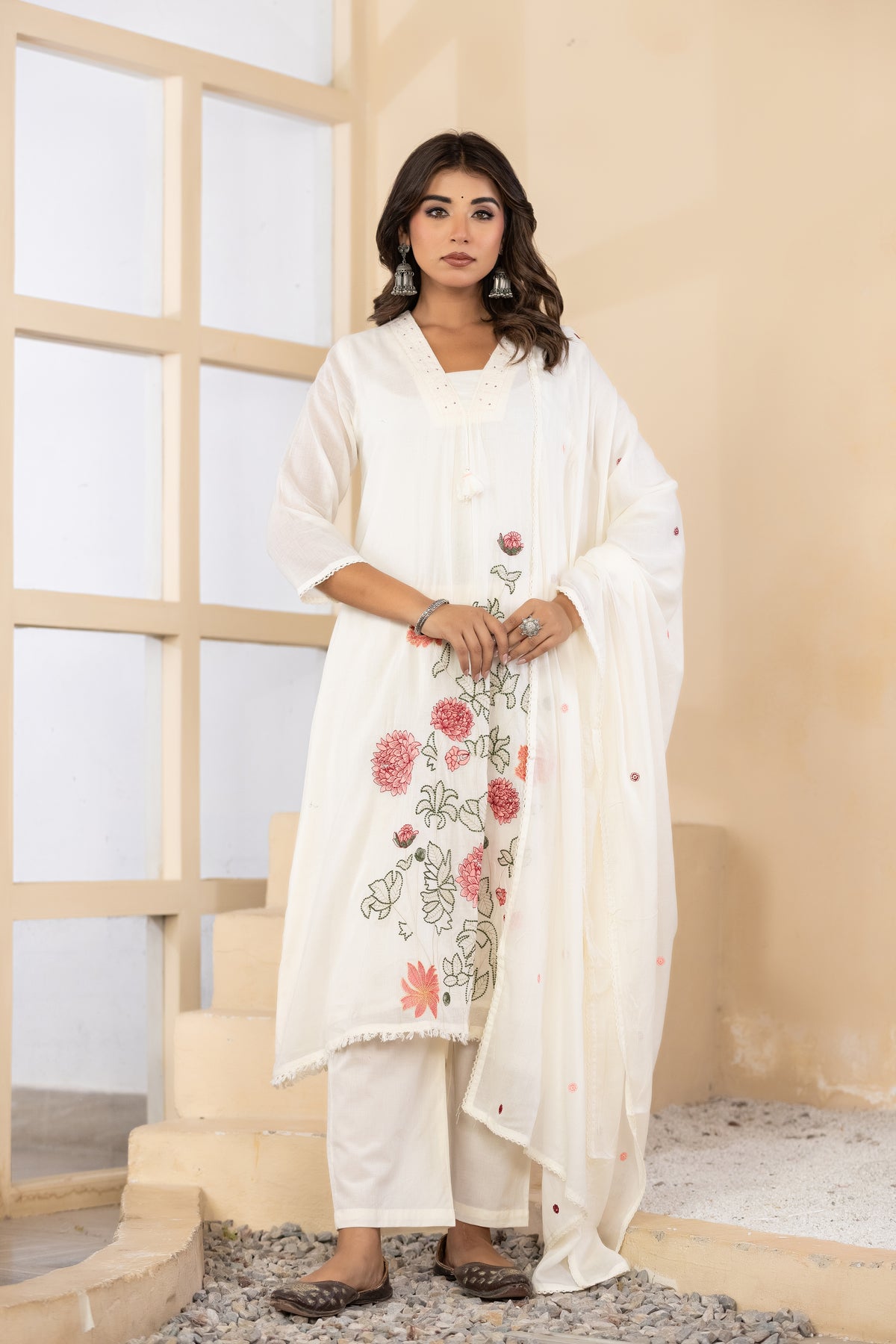Cream Fabric Mall Cotton Kurti Plazo Dupatta 3Pcs Set