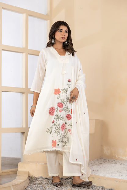 Cream Fabric Mall Cotton Kurti Plazo Dupatta 3Pcs Set