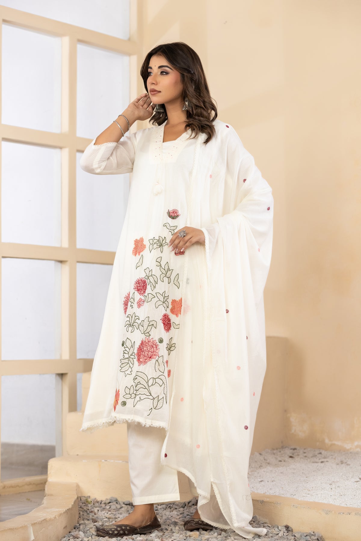Cream Fabric Mall Cotton Kurti Plazo Dupatta 3Pcs Set