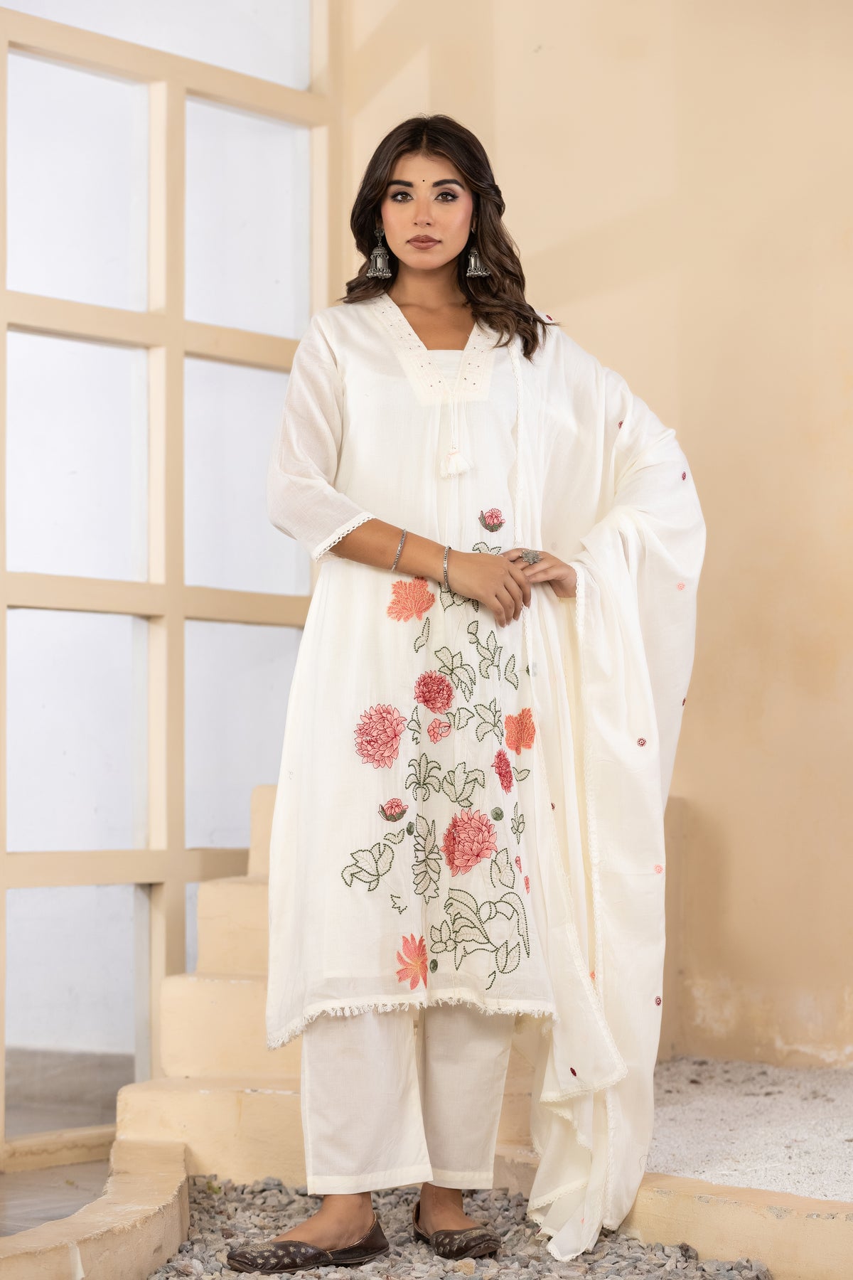 Cream Fabric Mall Cotton Kurti Plazo Dupatta 3Pcs Set