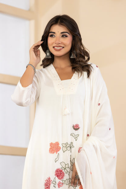 Cream Fabric Mall Cotton Kurti Plazo Dupatta 3Pcs Set