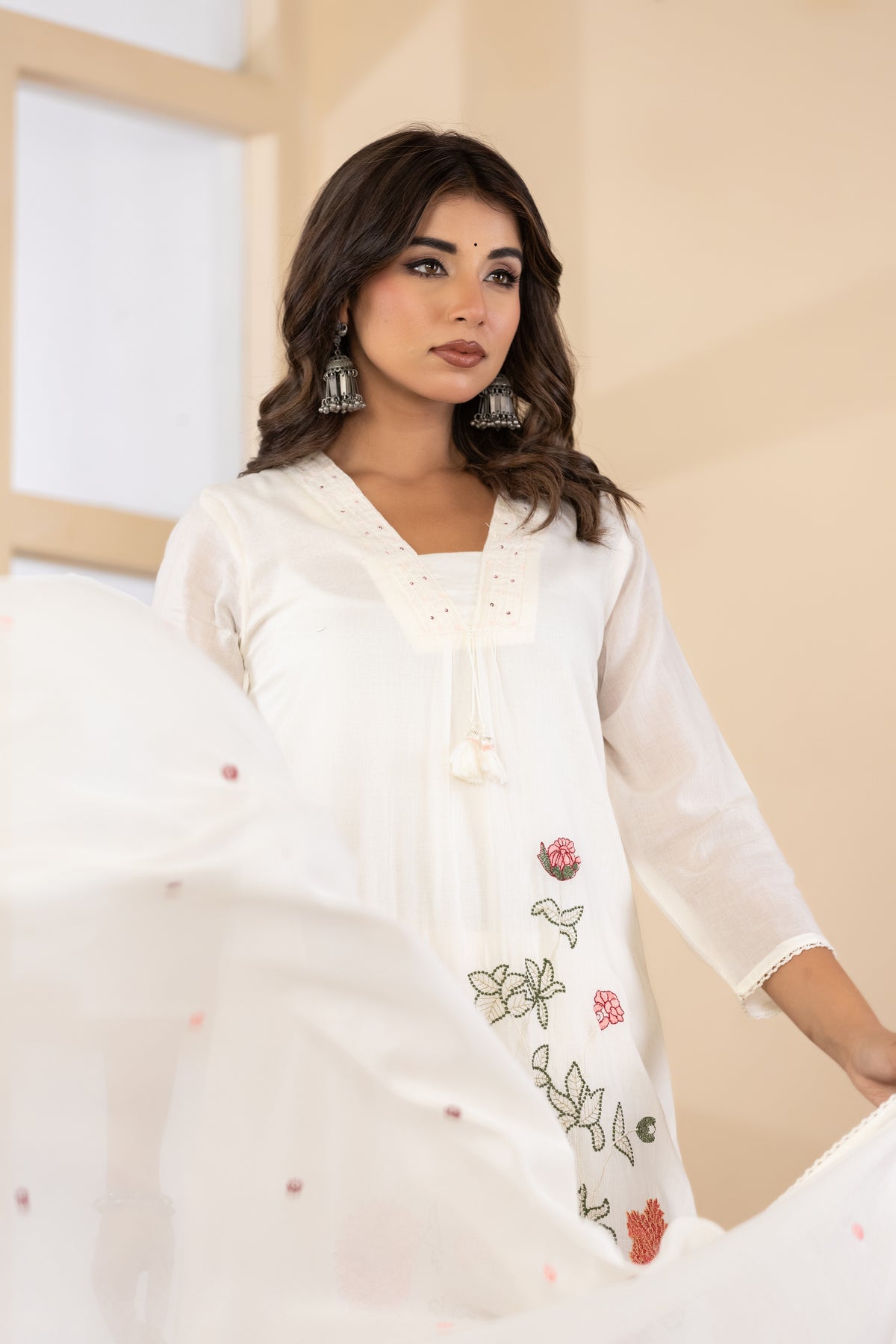 Cream Fabric Mall Cotton Kurti Plazo Dupatta 3Pcs Set