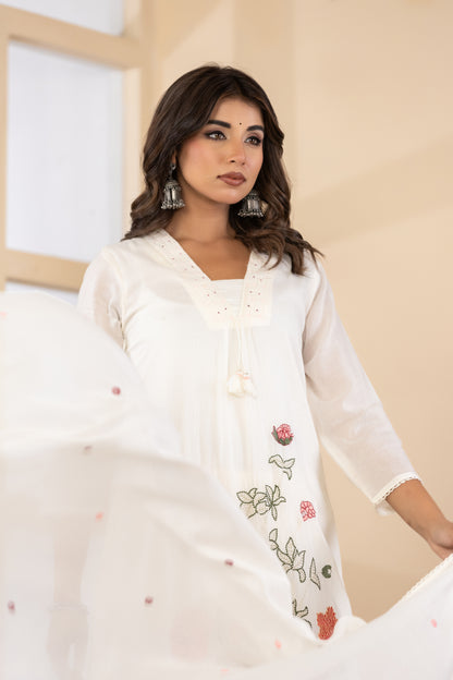 Cream Fabric Mall Cotton Kurti Plazo Dupatta 3Pcs Set