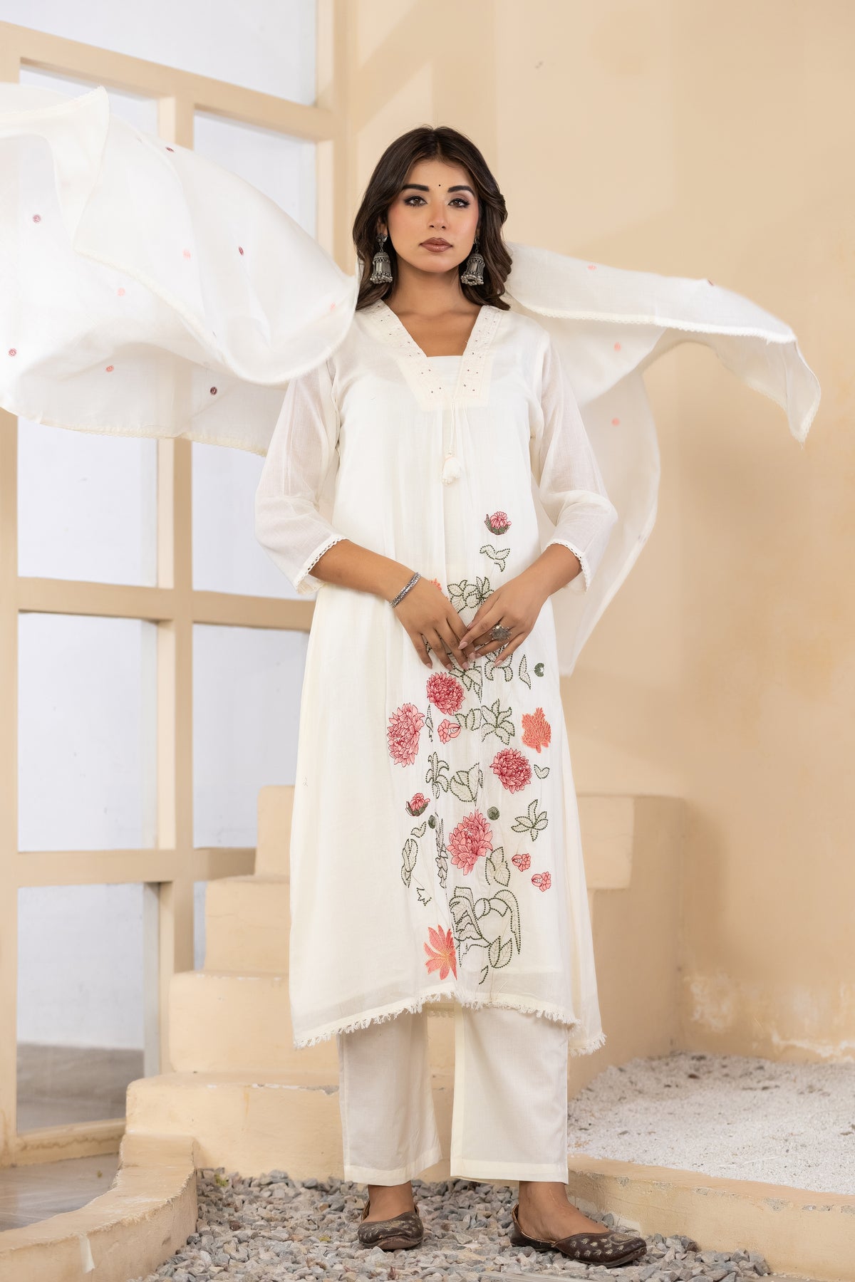 Cream Fabric Mall Cotton Kurti Plazo Dupatta 3Pcs Set