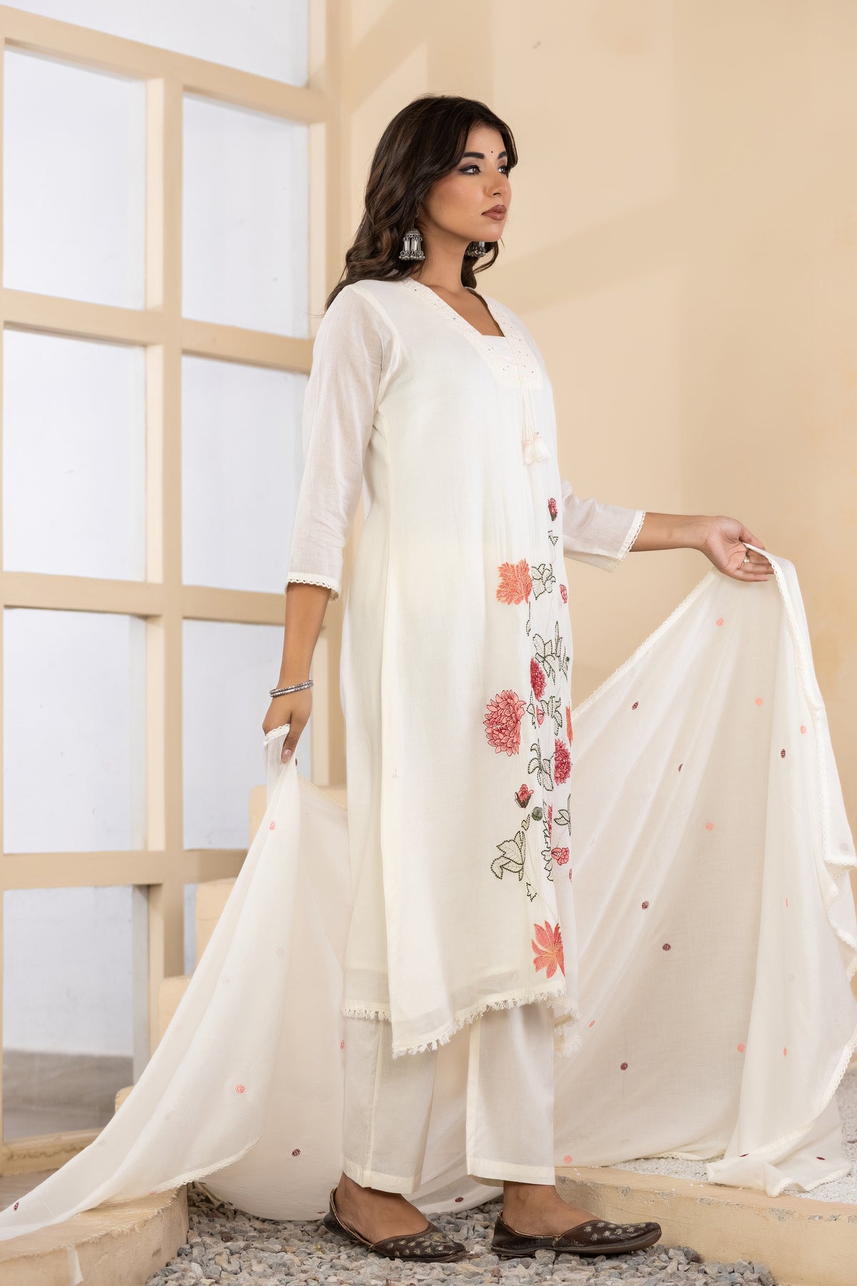 Cream Fabric Mall Cotton Kurti Plazo Dupatta 3Pcs Set