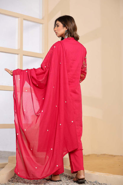Rani Pink Fabric Mall Cotton Kurti Plazo Dupatta 3Pcs Set