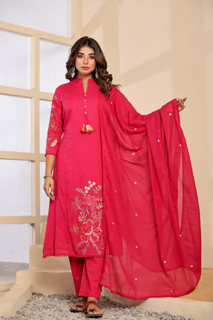 Rani Pink Fabric Mall Cotton Kurti Plazo Dupatta 3Pcs Set