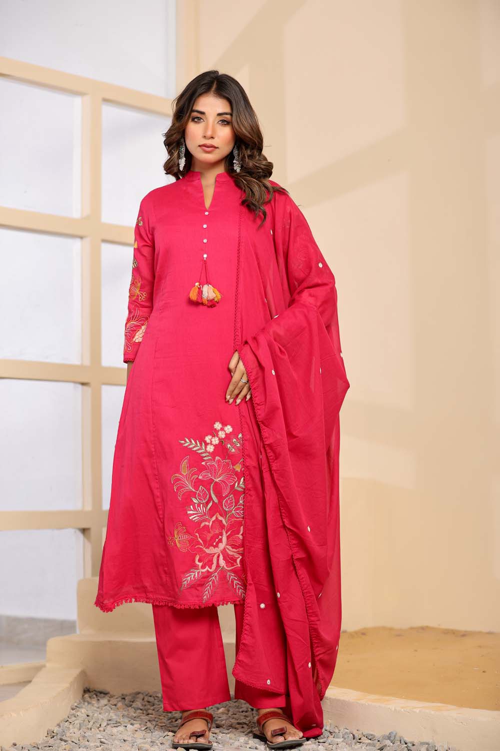 Rani Pink Fabric Mall Cotton Kurti Plazo Dupatta 3Pcs Set