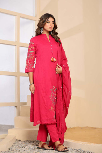 Rani Pink Fabric Mall Cotton Kurti Plazo Dupatta 3Pcs Set