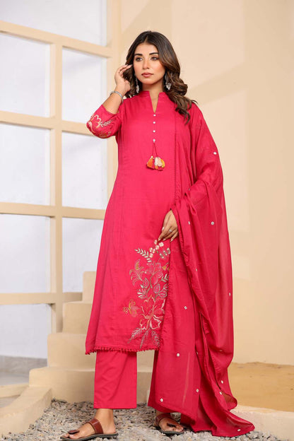 Rani Pink Fabric Mall Cotton Kurti Plazo Dupatta 3Pcs Set