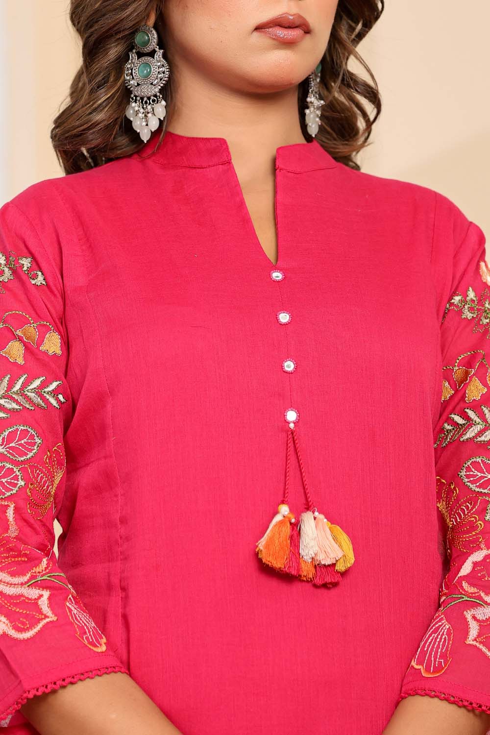 Rani Pink Fabric Mall Cotton Kurti Plazo Dupatta 3Pcs Set