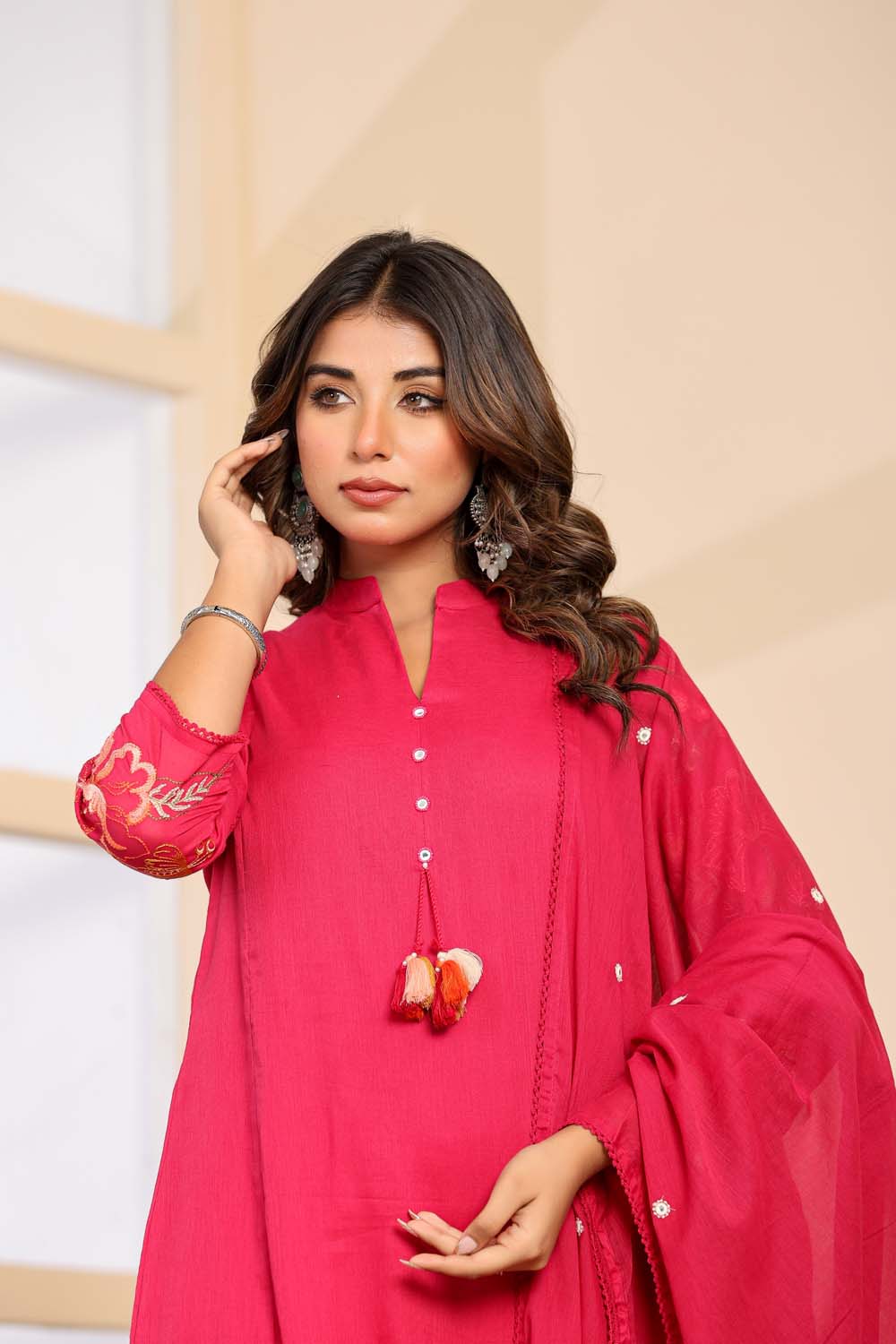 Rani Pink Fabric Mall Cotton Kurti Plazo Dupatta 3Pcs Set