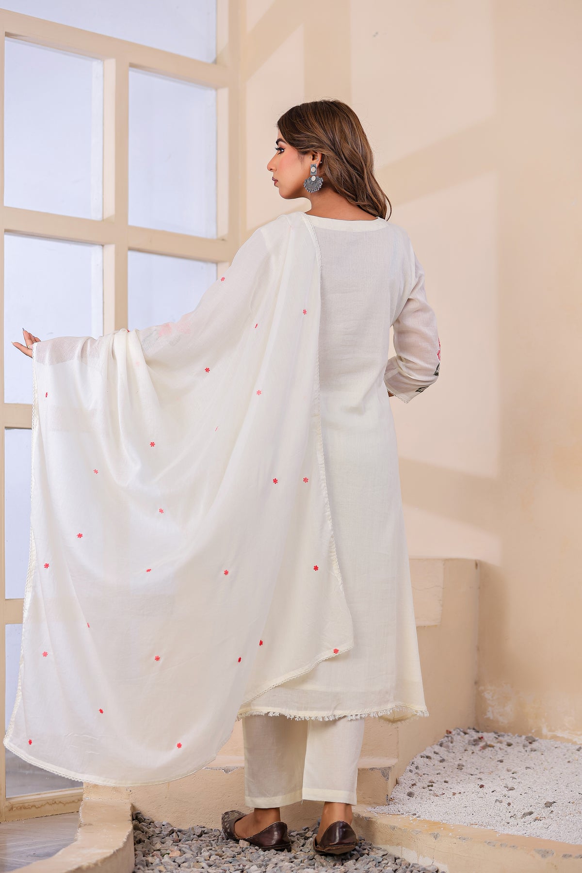 Cream Fabric Mall Cotton Kurti Plazo Dupatta 3Pcs Set