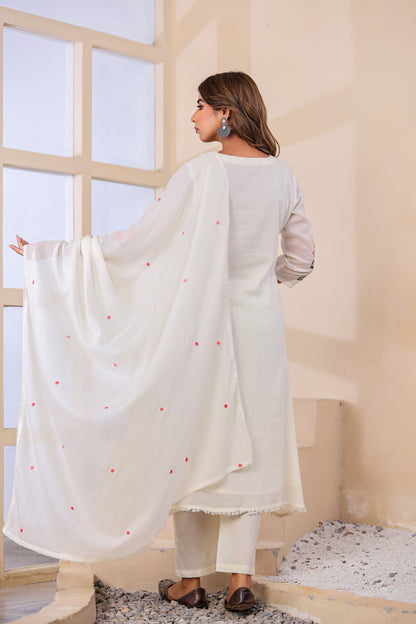 Cream Fabric Mall Cotton Kurti Plazo Dupatta 3Pcs Set