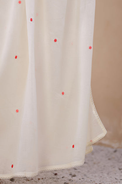 Cream Fabric Mall Cotton Kurti Plazo Dupatta 3Pcs Set