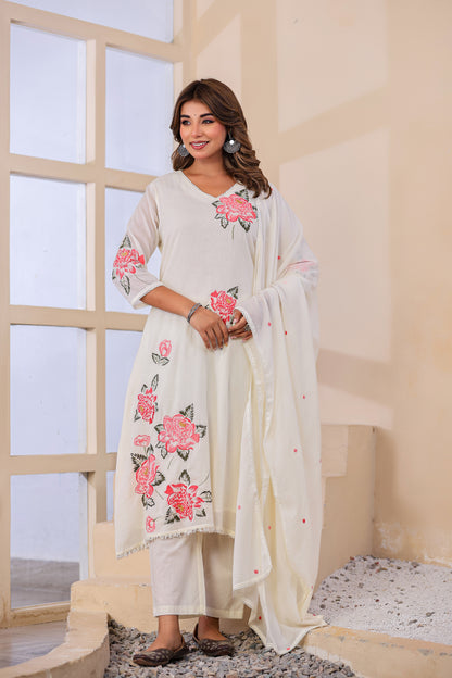 Cream Fabric Mall Cotton Kurti Plazo Dupatta 3Pcs Set