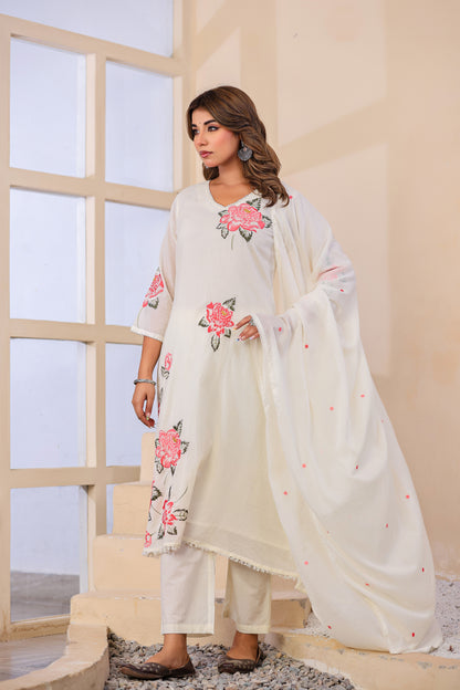 Cream Fabric Mall Cotton Kurti Plazo Dupatta 3Pcs Set
