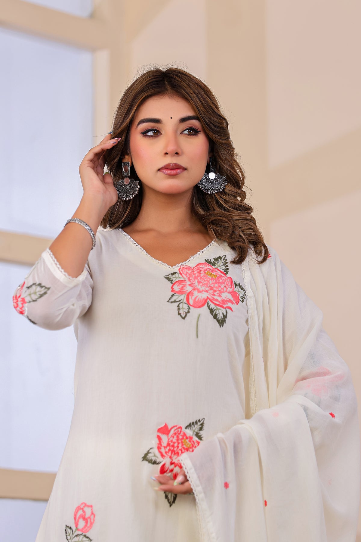 Cream Fabric Mall Cotton Kurti Plazo Dupatta 3Pcs Set