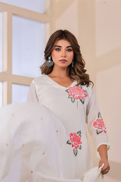 Cream Fabric Mall Cotton Kurti Plazo Dupatta 3Pcs Set
