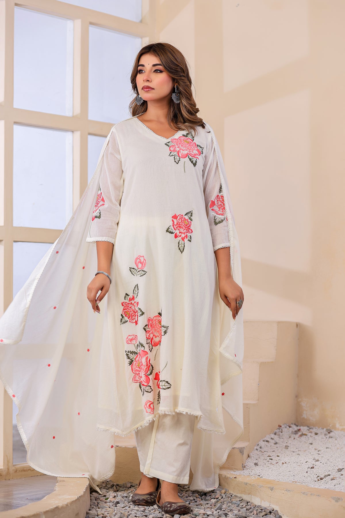 Cream Fabric Mall Cotton Kurti Plazo Dupatta 3Pcs Set