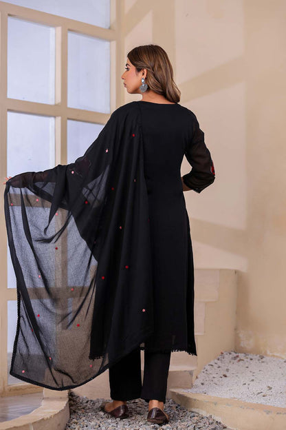 Black Fabric Mall Cotton Kurti Plazo Dupatta 3Pcs Set