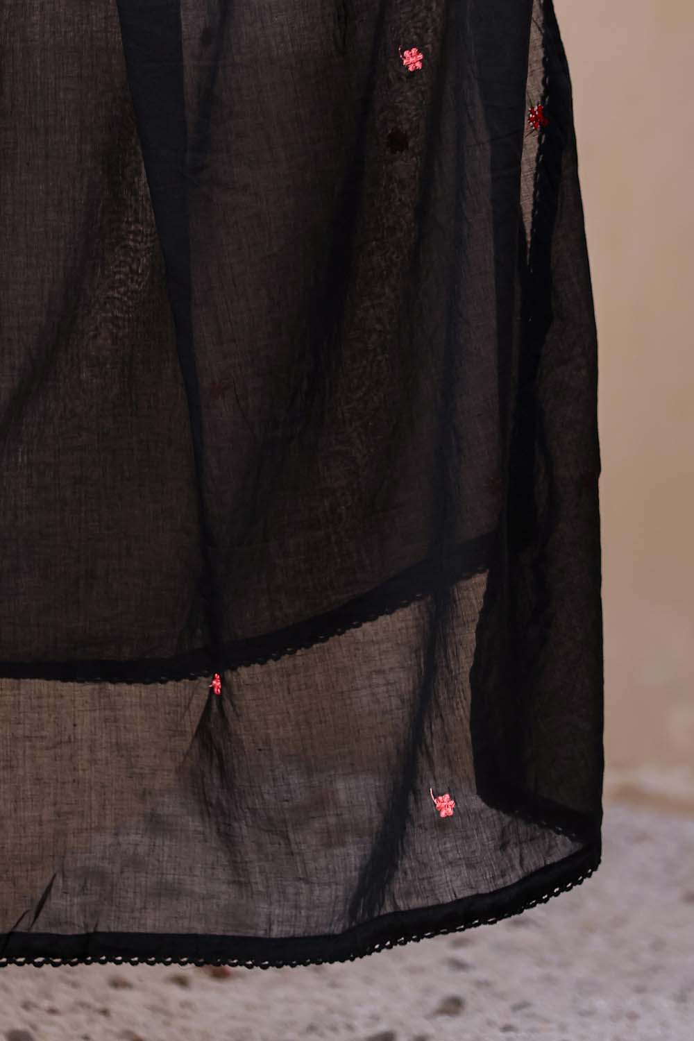 Black Fabric Mall Cotton Kurti Plazo Dupatta 3Pcs Set
