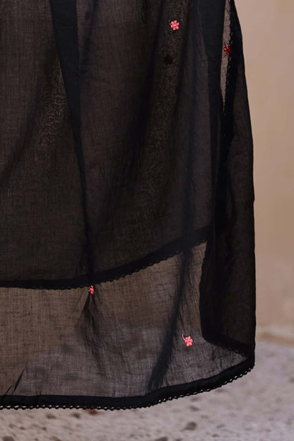 Black Fabric Mall Cotton Kurti Plazo Dupatta 3Pcs Set