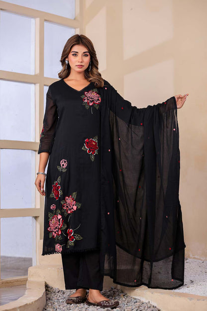 Black Fabric Mall Cotton Kurti Plazo Dupatta 3Pcs Set