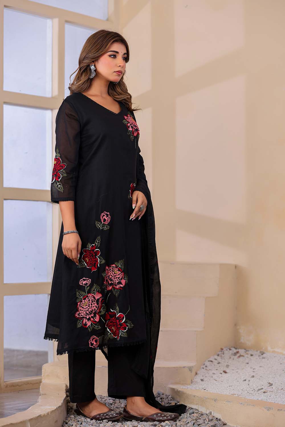 Black Fabric Mall Cotton Kurti Plazo Dupatta 3Pcs Set
