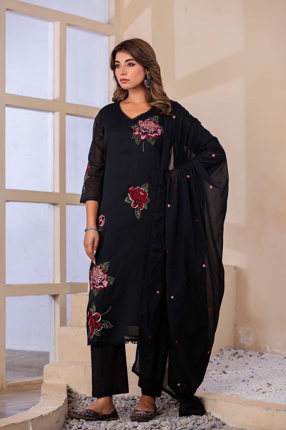 Black Fabric Mall Cotton Kurti Plazo Dupatta 3Pcs Set