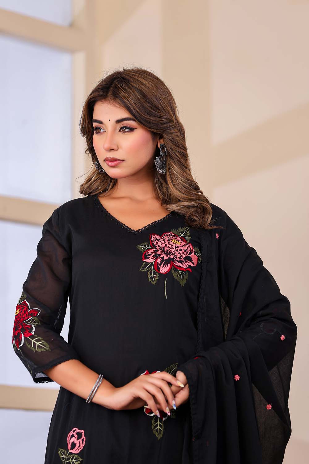 Black Fabric Mall Cotton Kurti Plazo Dupatta 3Pcs Set