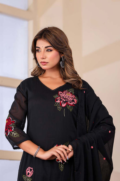 Black Fabric Mall Cotton Kurti Plazo Dupatta 3Pcs Set