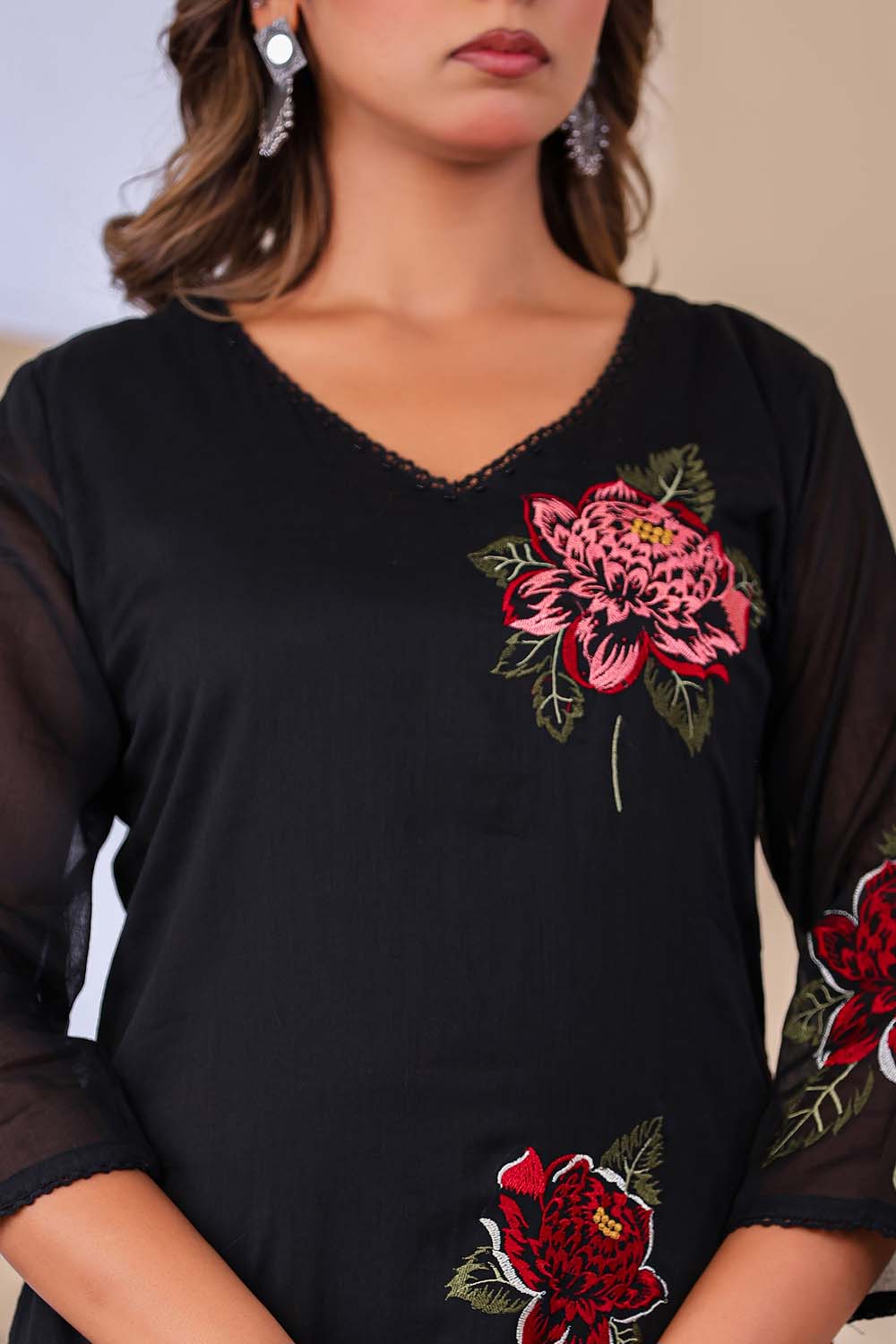Black Fabric Mall Cotton Kurti Plazo Dupatta 3Pcs Set