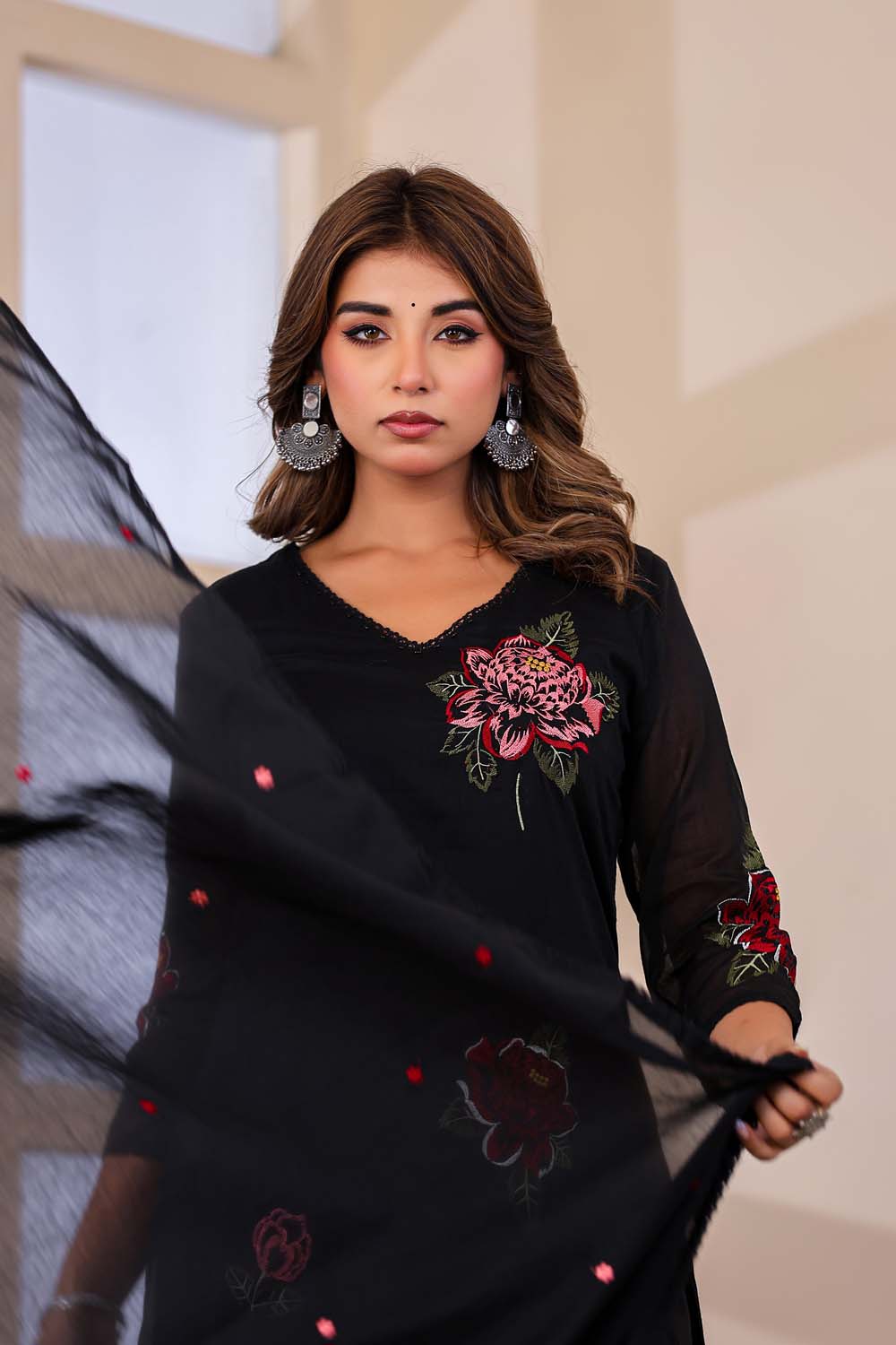Black Fabric Mall Cotton Kurti Plazo Dupatta 3Pcs Set