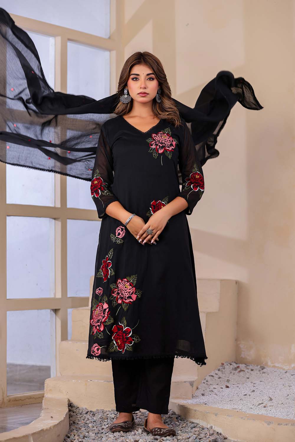 Black Fabric Mall Cotton Kurti Plazo Dupatta 3Pcs Set