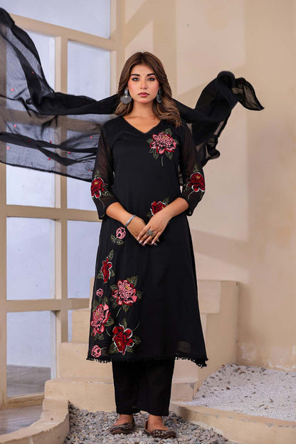 Black Fabric Mall Cotton Kurti Plazo Dupatta 3Pcs Set