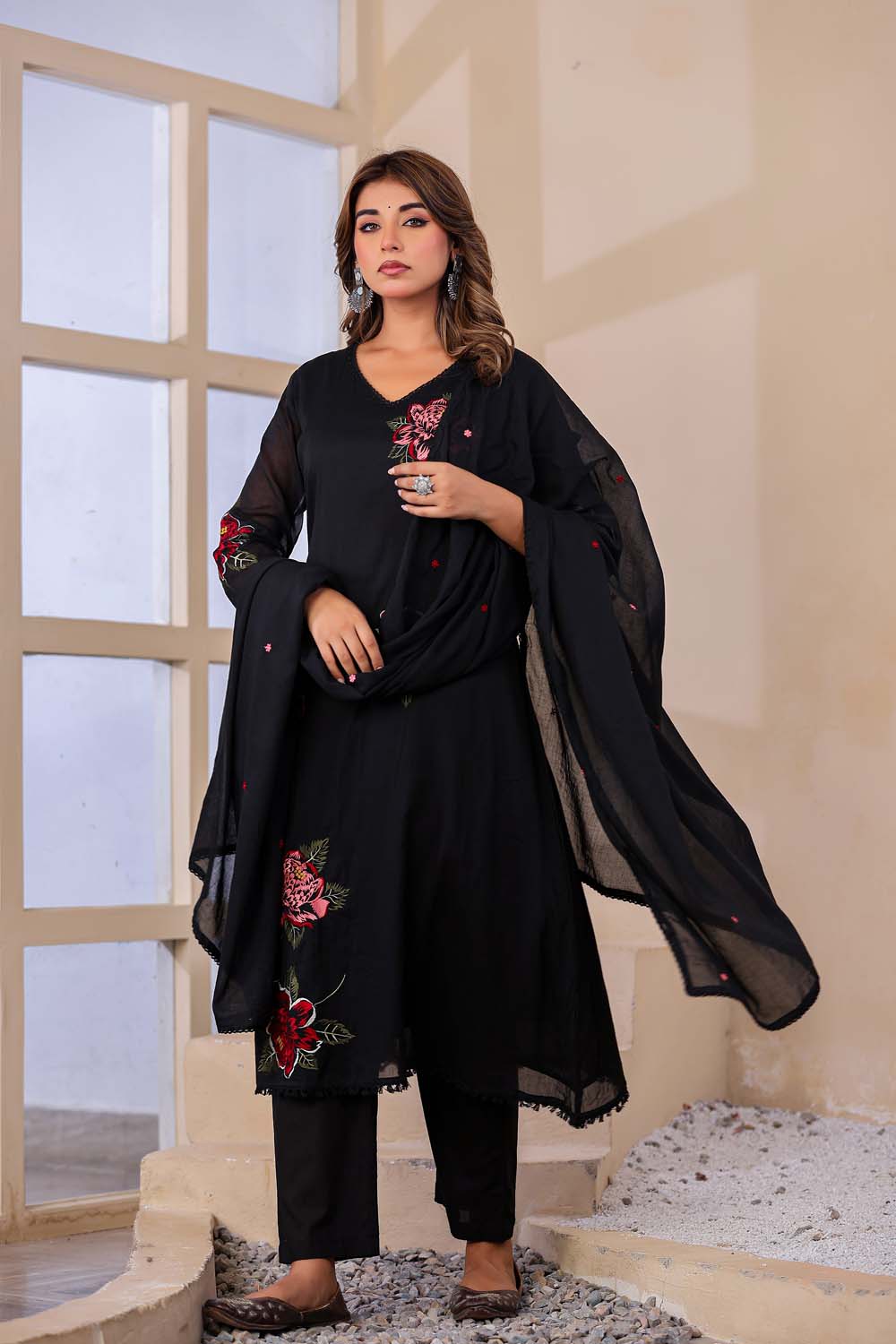 Black Fabric Mall Cotton Kurti Plazo Dupatta 3Pcs Set