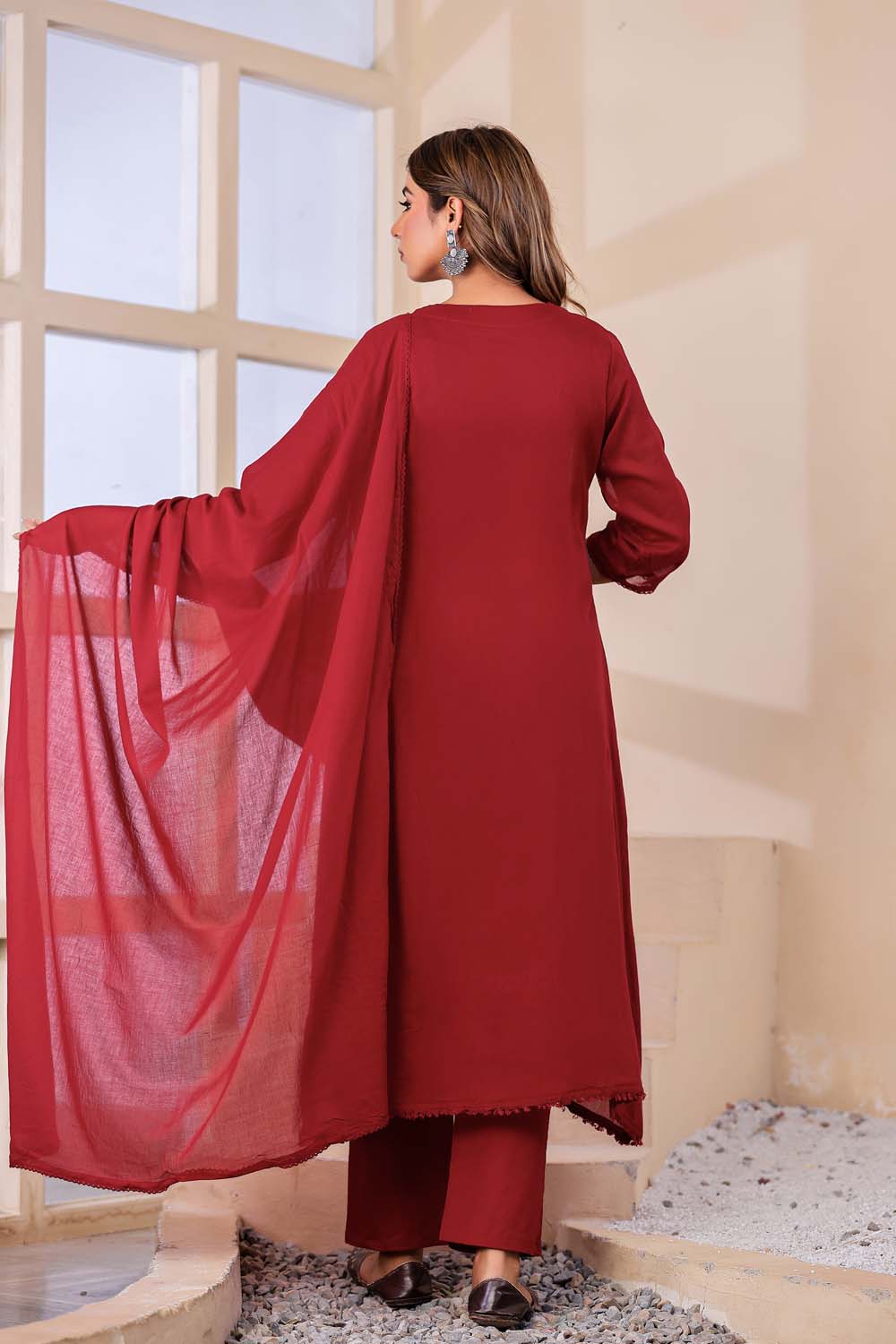 Maroon Fabric Mall Cotton Kurti Plazo Dupatta 3Pcs Sets