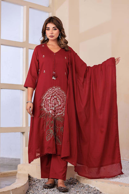 Maroon Fabric Mall Cotton Kurti Plazo Dupatta 3Pcs Sets