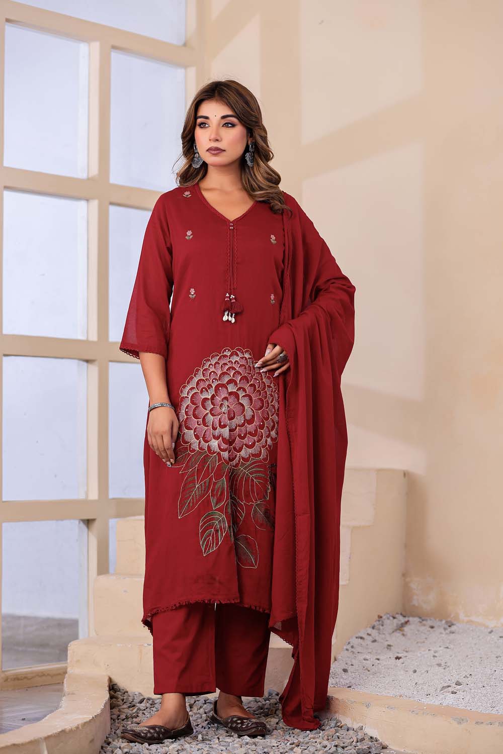 Maroon Fabric Mall Cotton Kurti Plazo Dupatta 3Pcs Sets