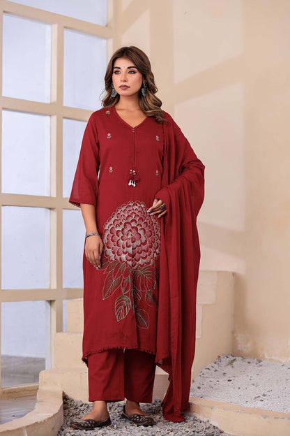 Maroon Fabric Mall Cotton Kurti Plazo Dupatta 3Pcs Sets