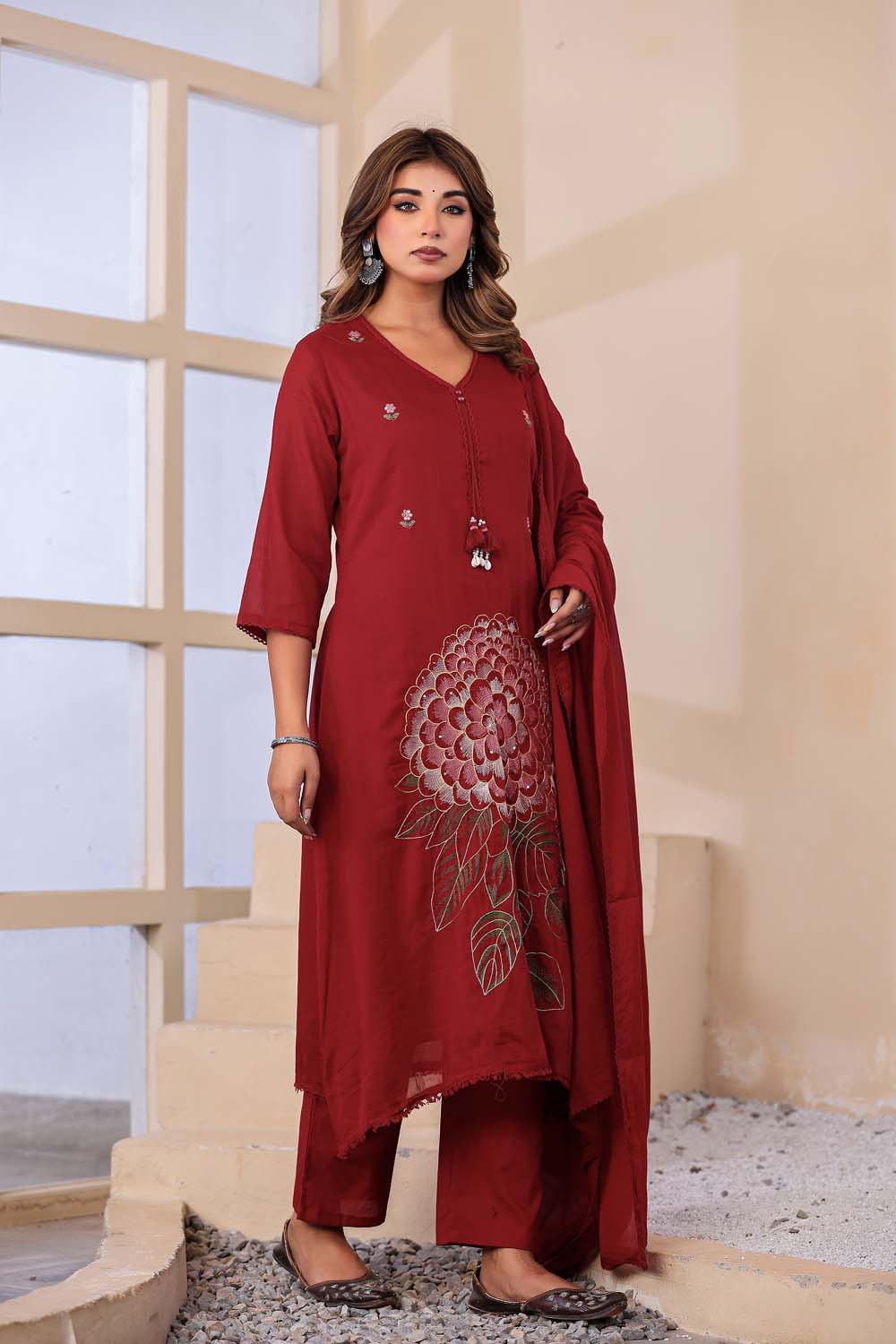 Maroon Fabric Mall Cotton Kurti Plazo Dupatta 3Pcs Sets