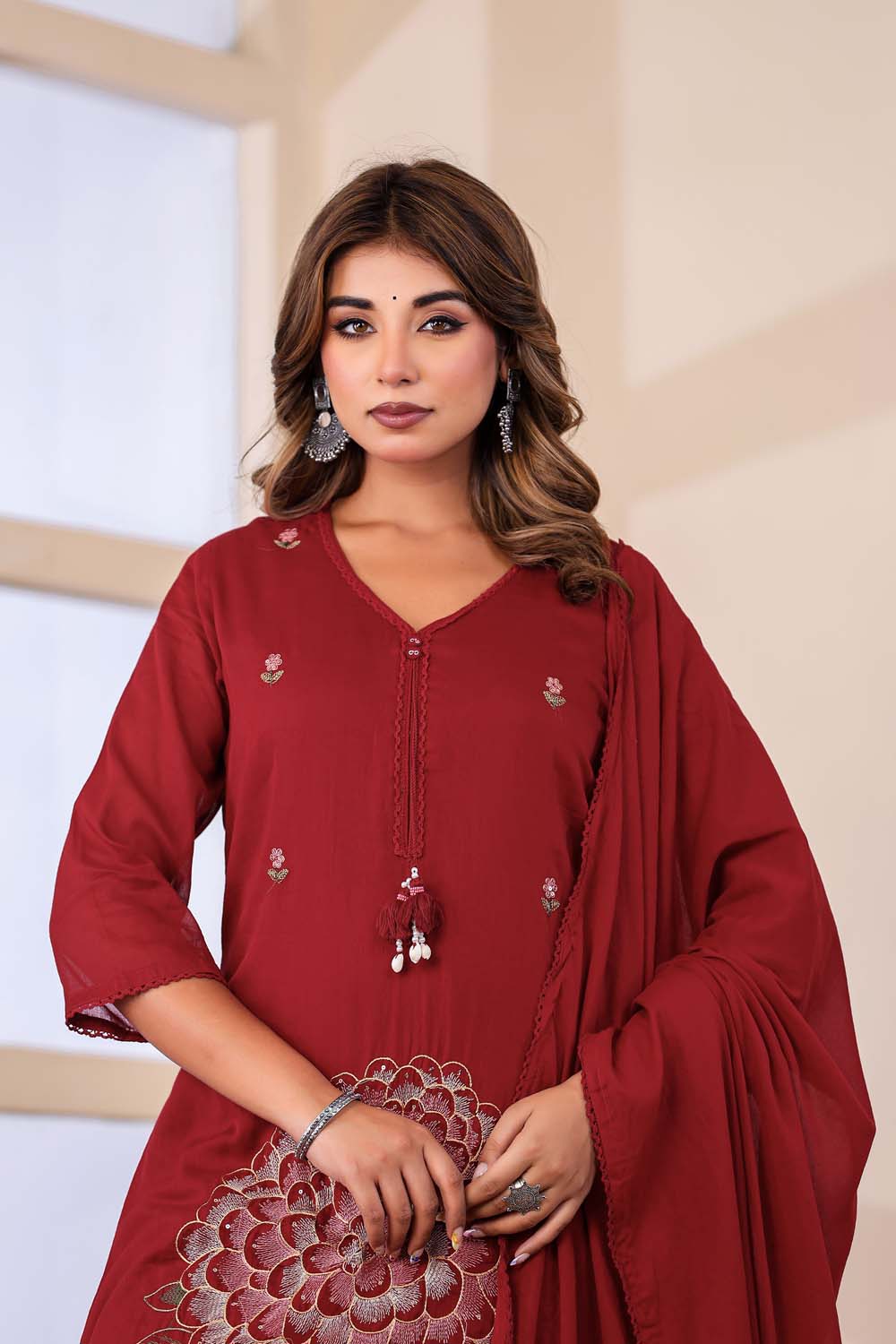 Maroon Fabric Mall Cotton Kurti Plazo Dupatta 3Pcs Sets