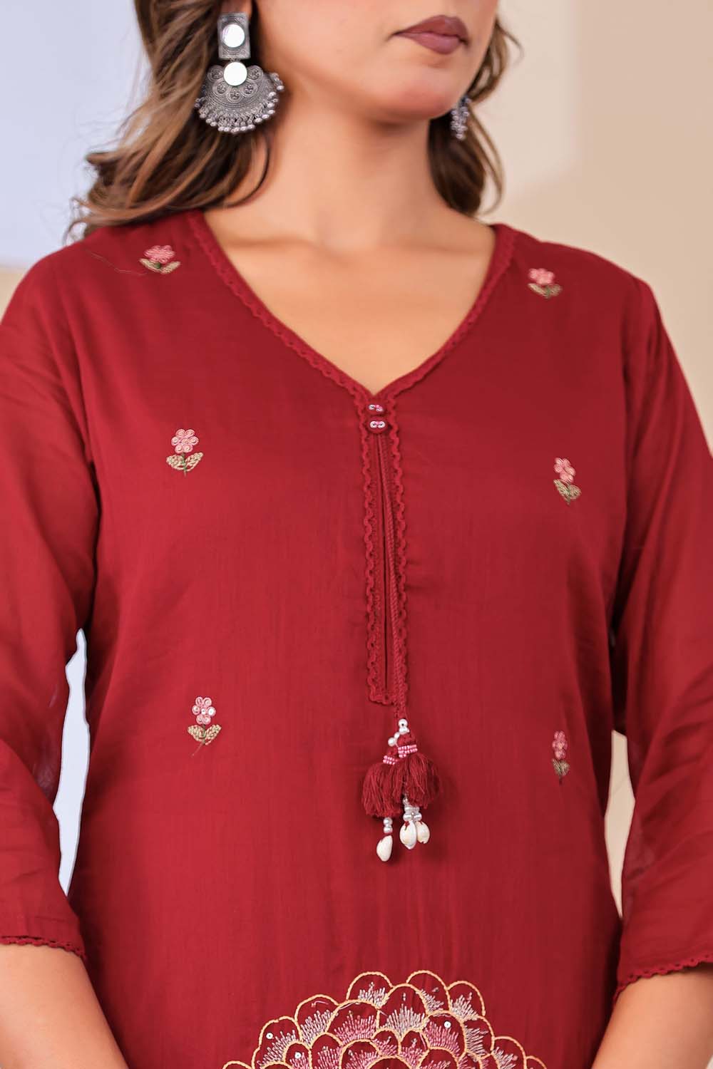 Maroon Fabric Mall Cotton Kurti Plazo Dupatta 3Pcs Sets