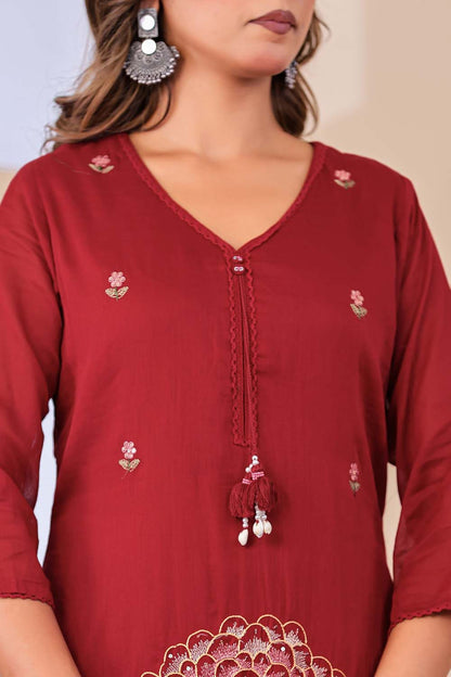Maroon Fabric Mall Cotton Kurti Plazo Dupatta 3Pcs Sets
