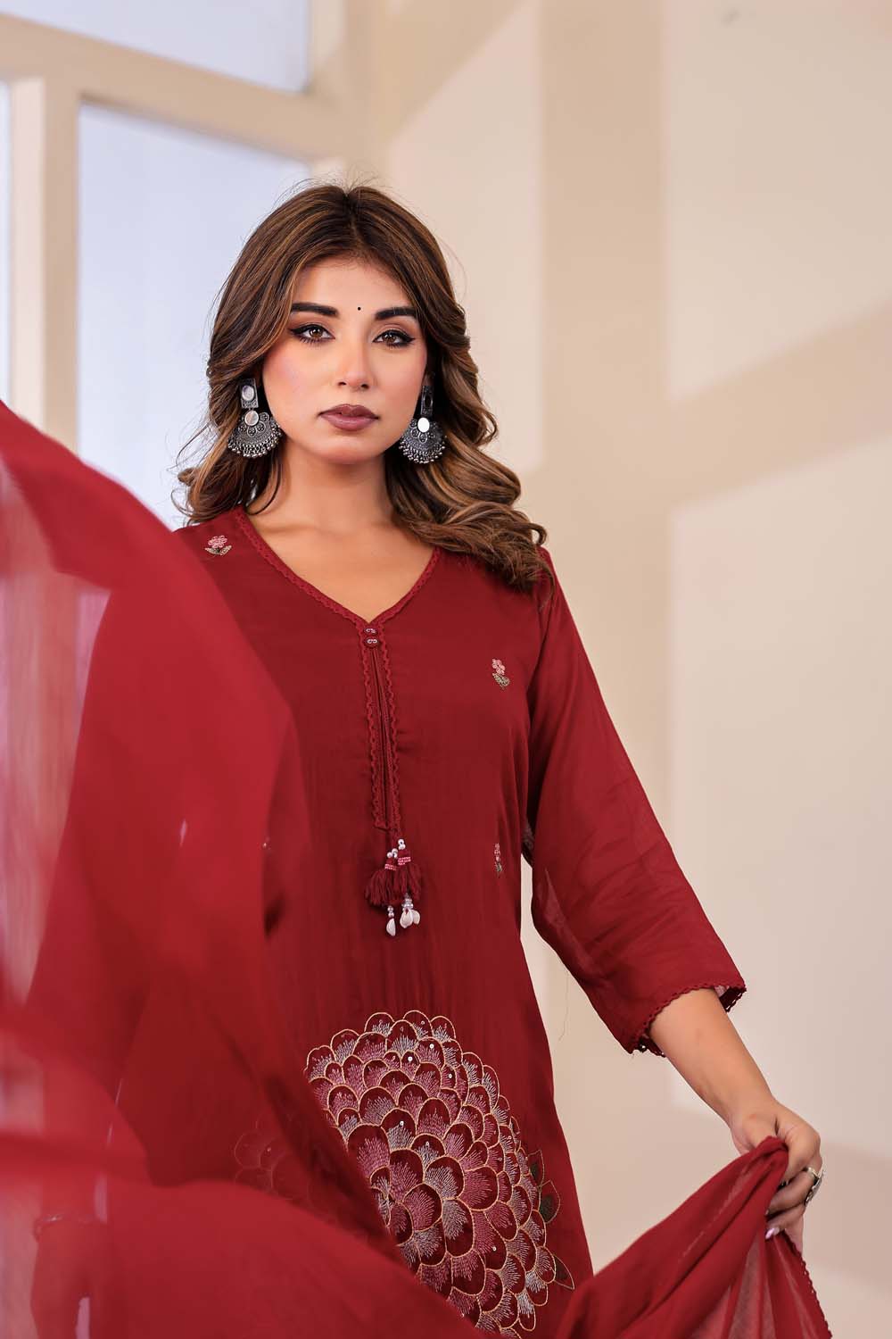 Maroon Fabric Mall Cotton Kurti Plazo Dupatta 3Pcs Sets