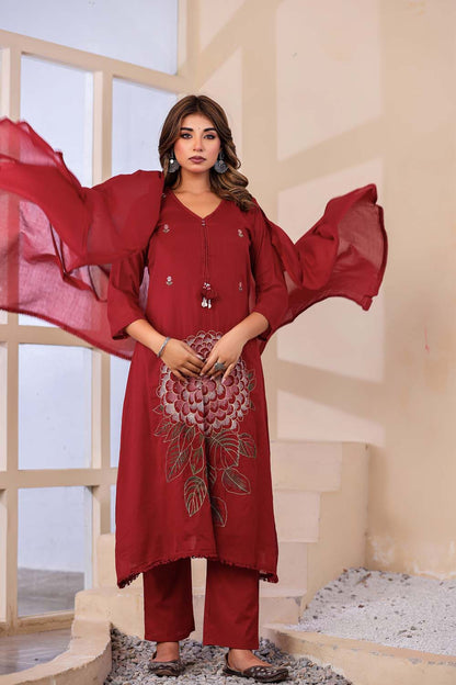 Maroon Fabric Mall Cotton Kurti Plazo Dupatta 3Pcs Sets