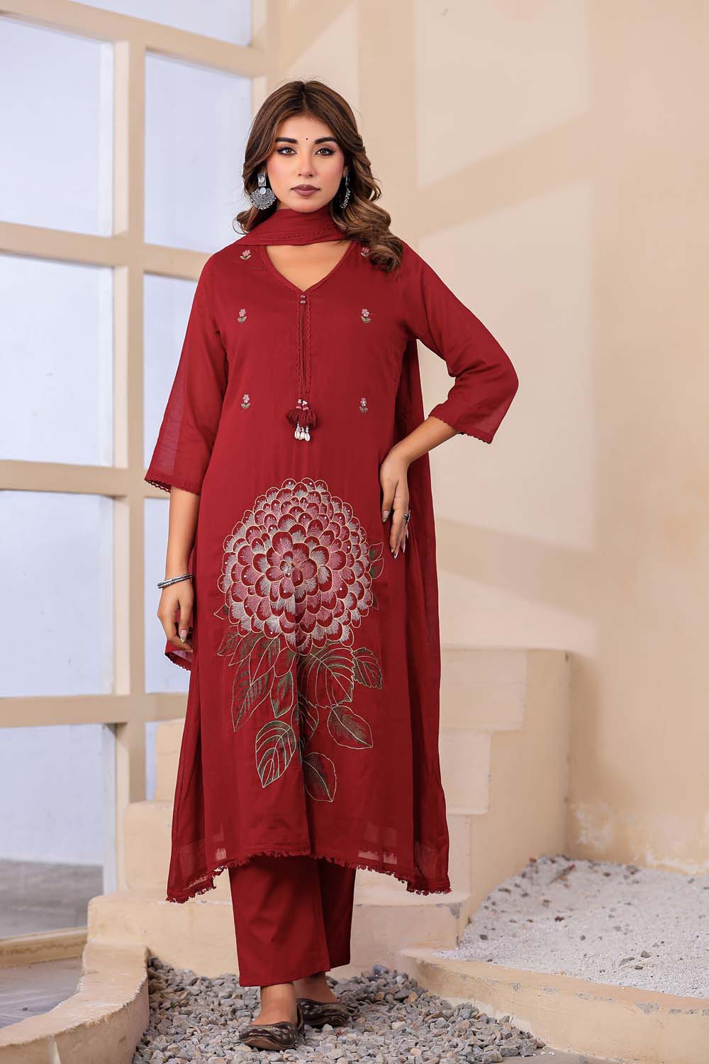 Maroon Fabric Mall Cotton Kurti Plazo Dupatta 3Pcs Sets