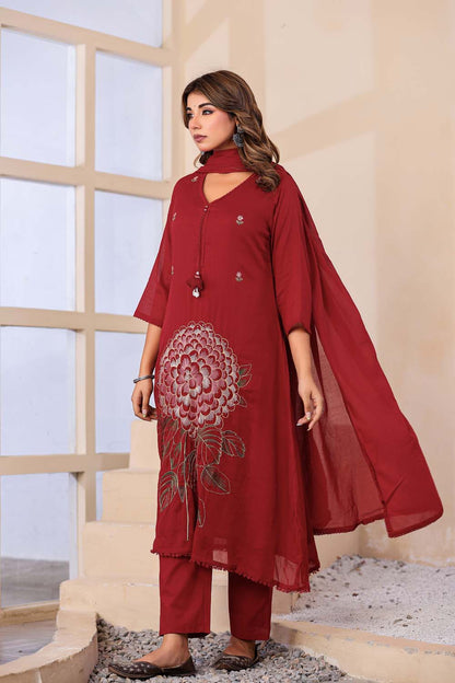 Maroon Fabric Mall Cotton Kurti Plazo Dupatta 3Pcs Sets